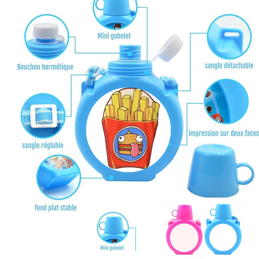  papas fritas fortnite para Botella infantil resistente a los golpes 730 ml en azul o rosa