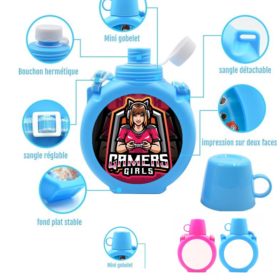  Gamers Girls para Botella infantil resistente a los golpes 730 ml en azul o rosa