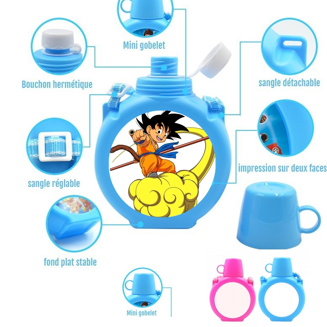  Goku Kid on Cloud GT para Botella infantil resistente a los golpes 730 ml en azul o rosa