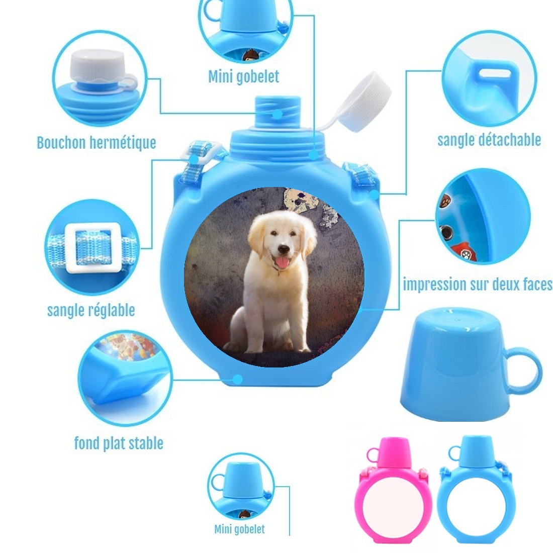  Golden Retriever Puppy para Botella infantil resistente a los golpes 730 ml en azul o rosa