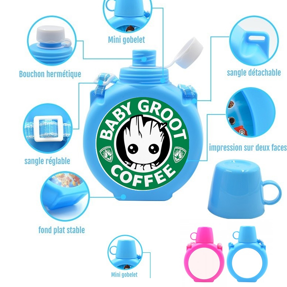  Groot Coffee para Botella infantil resistente a los golpes 730 ml en azul o rosa