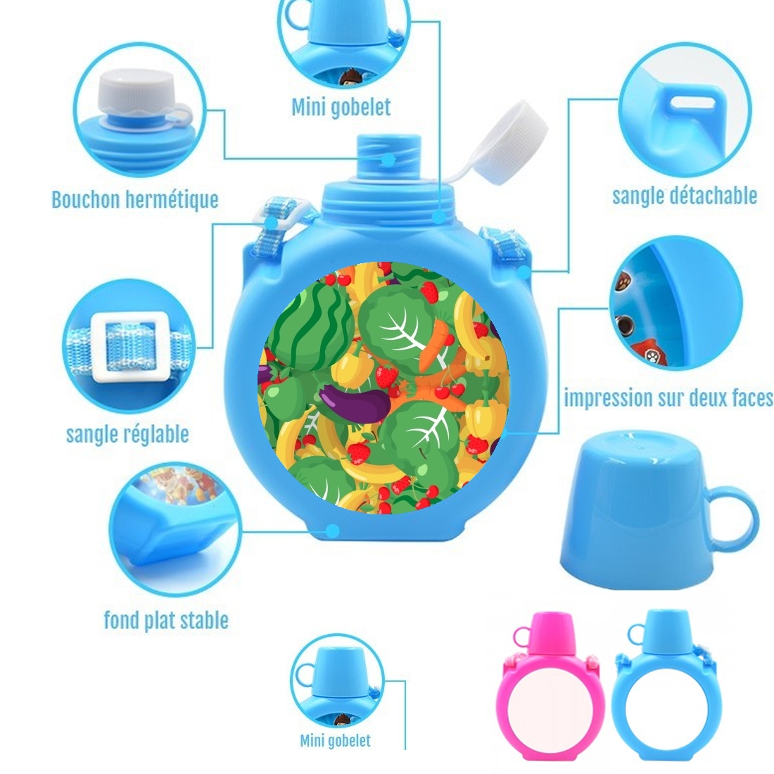  Healthy Food: Fruits and Vegetables V2 para Botella infantil resistente a los golpes 730 ml en azul o rosa