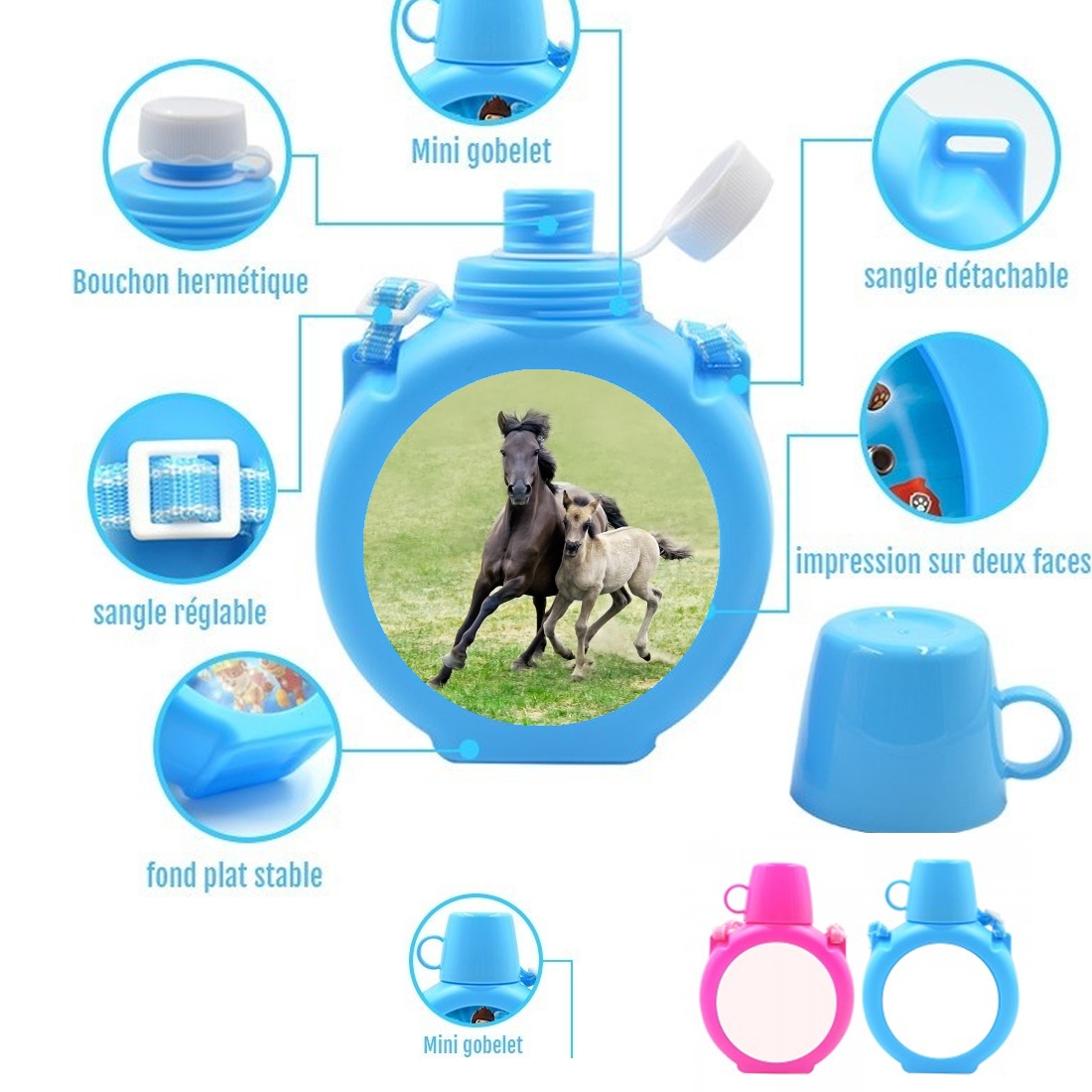  Horses, wild Duelmener ponies, mare and foal para Botella infantil resistente a los golpes 730 ml en azul o rosa