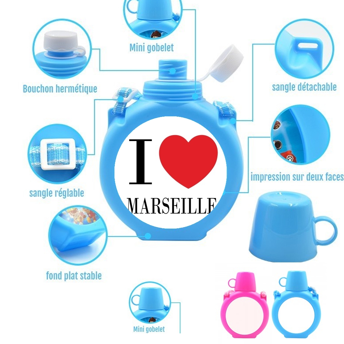  I love Marseille para Botella infantil resistente a los golpes 730 ml en azul o rosa