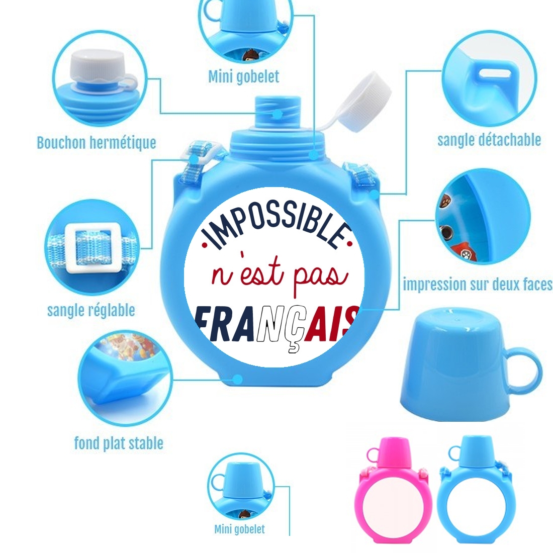  Impossible nest pas francais para Botella infantil resistente a los golpes 730 ml en azul o rosa