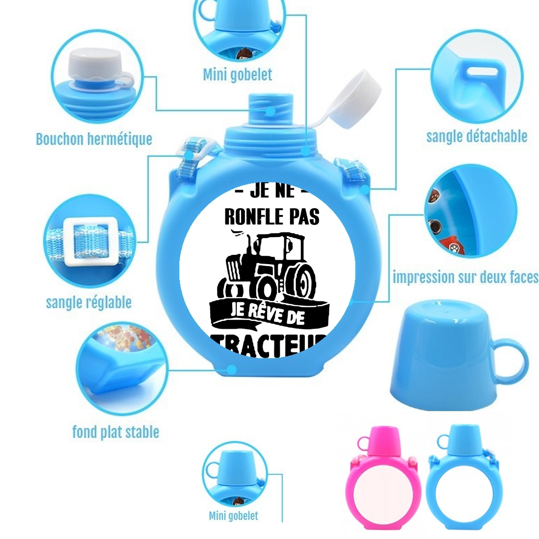  Je ne ronfle pas je reve de tracteur para Botella infantil resistente a los golpes 730 ml en azul o rosa