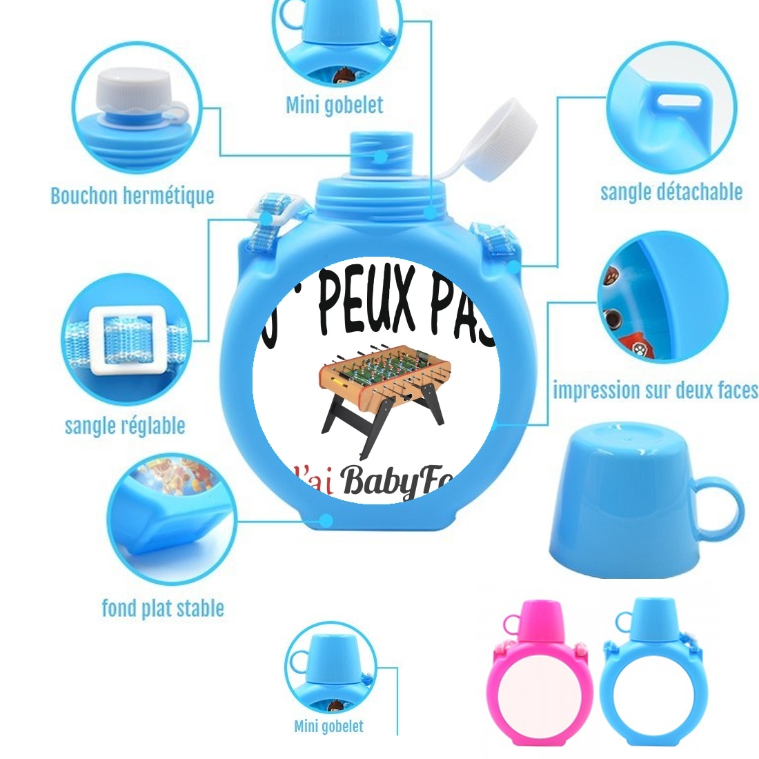  Je peux pas jai babyfoot para Botella infantil resistente a los golpes 730 ml en azul o rosa