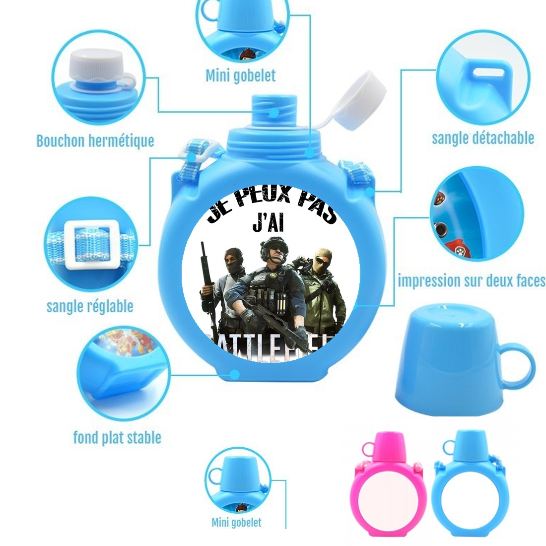  Je peux pas jai battlefield para Botella infantil resistente a los golpes 730 ml en azul o rosa