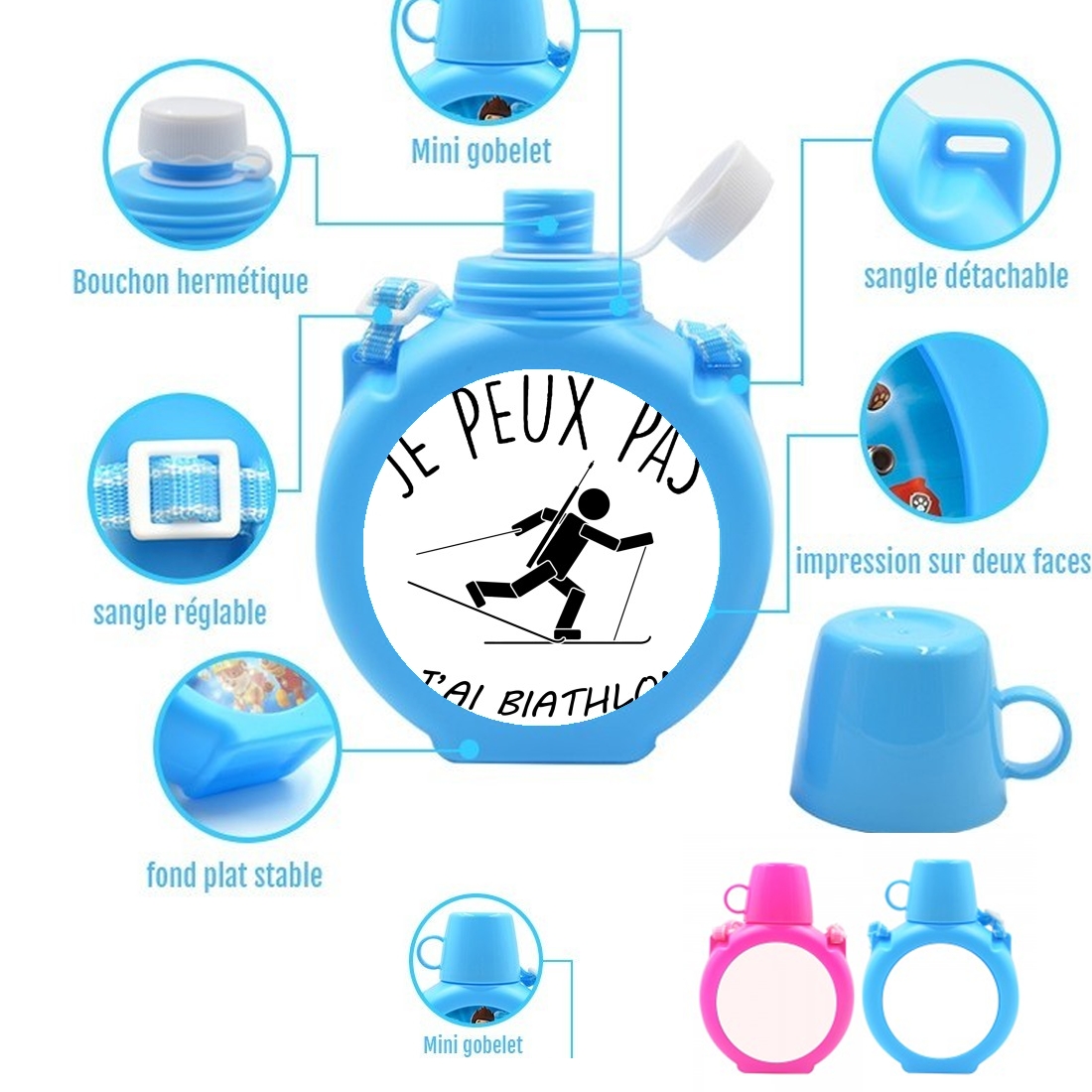  Je peux pas jai biathlon para Botella infantil resistente a los golpes 730 ml en azul o rosa