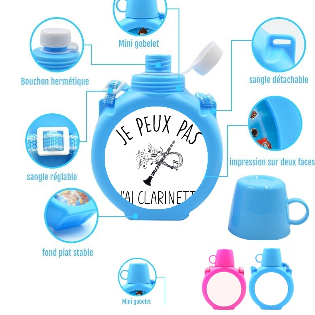  Je peux pas jai clarinette para Botella infantil resistente a los golpes 730 ml en azul o rosa