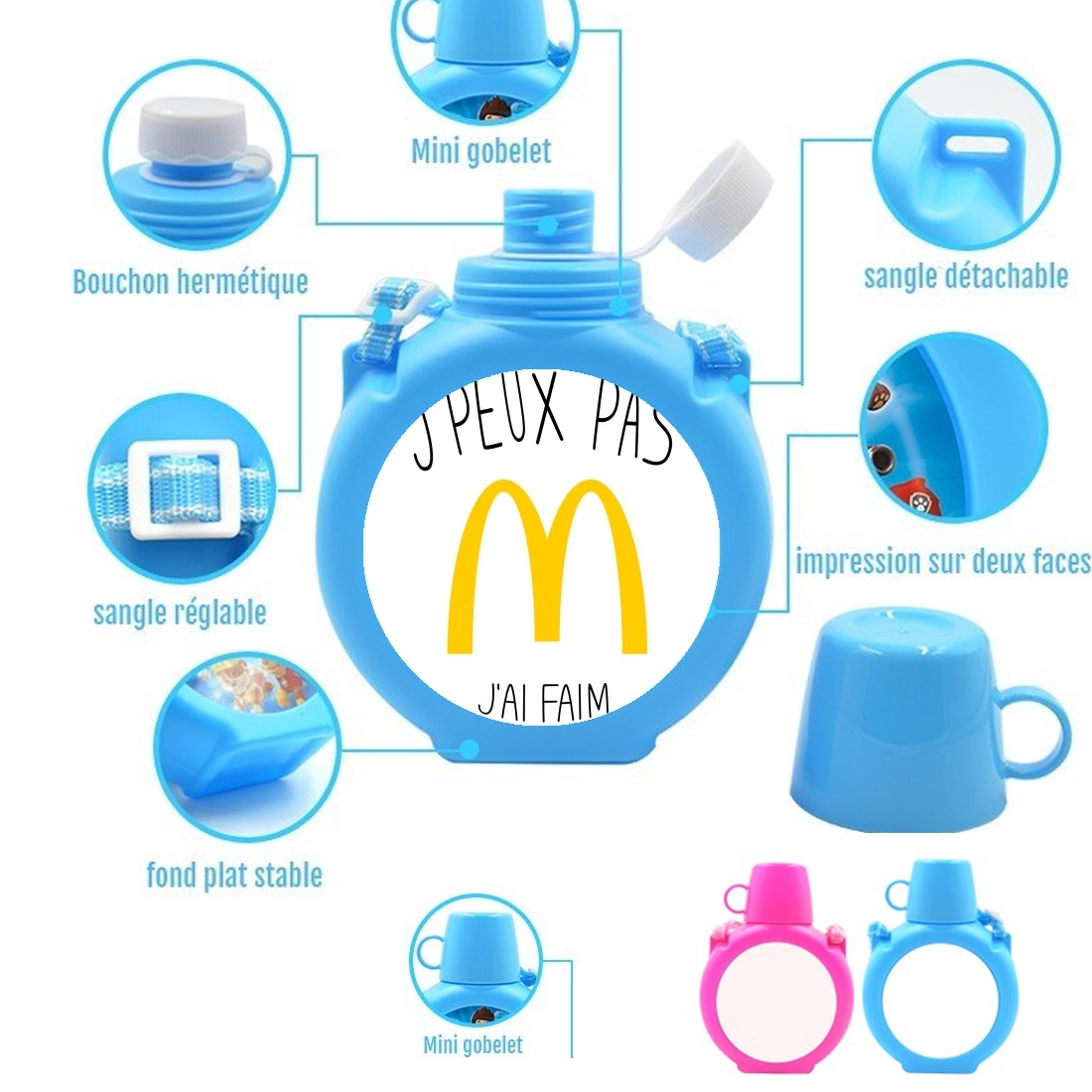  Je peux pas jai faim McDonalds para Botella infantil resistente a los golpes 730 ml en azul o rosa