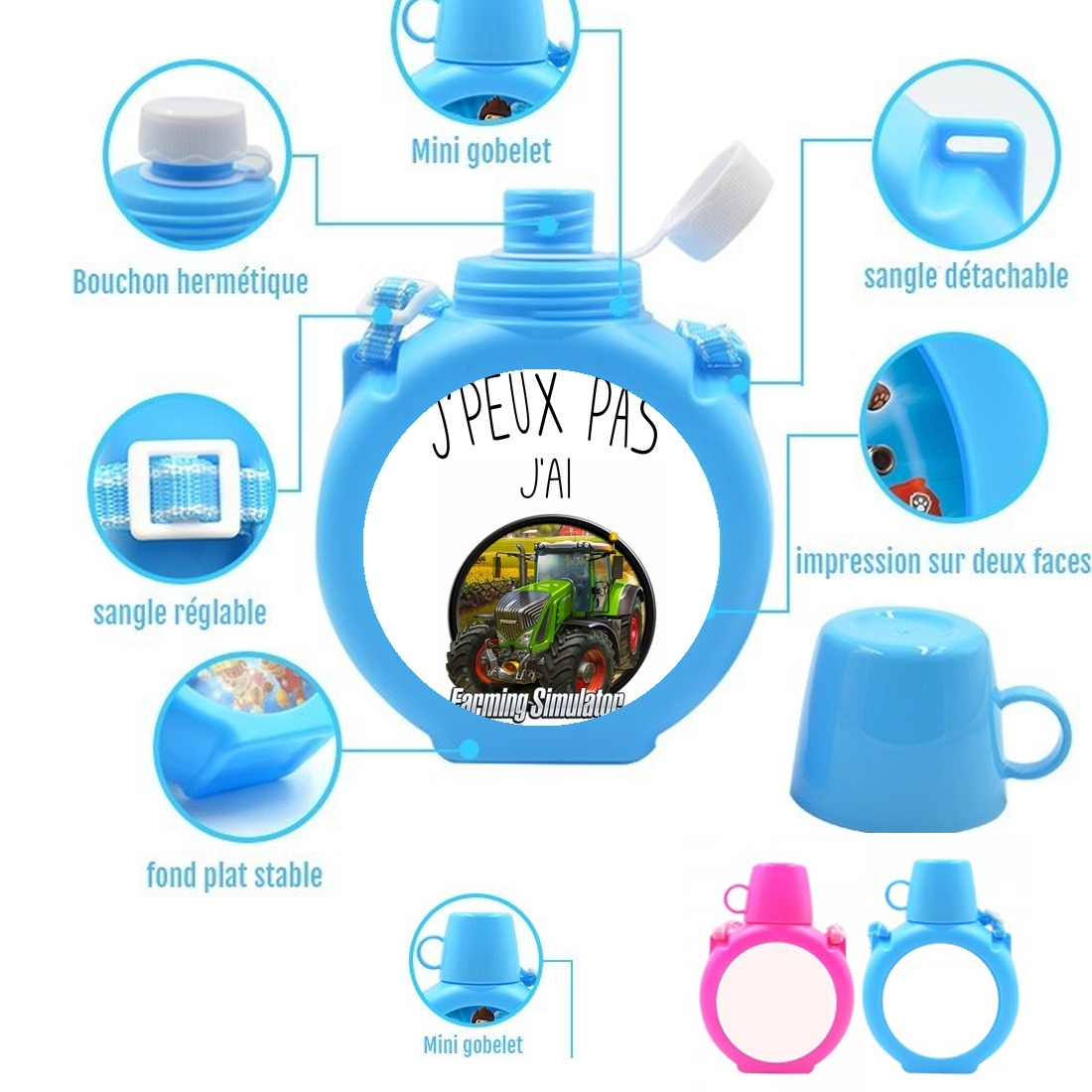  Je peux pas jai Farming Simulator para Botella infantil resistente a los golpes 730 ml en azul o rosa