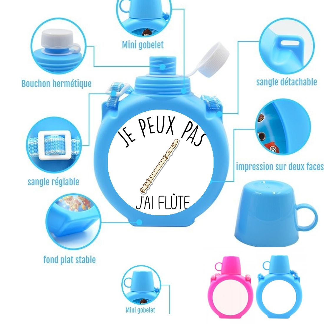  Je peux pas jai flute para Botella infantil resistente a los golpes 730 ml en azul o rosa