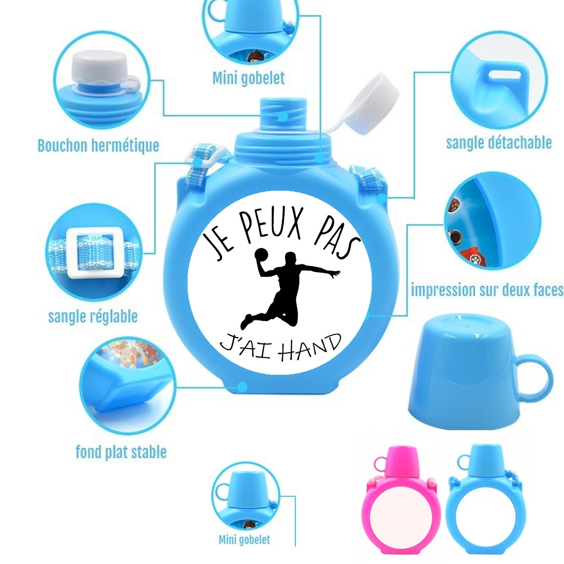  Je peux pas jai handball para Botella infantil resistente a los golpes 730 ml en azul o rosa