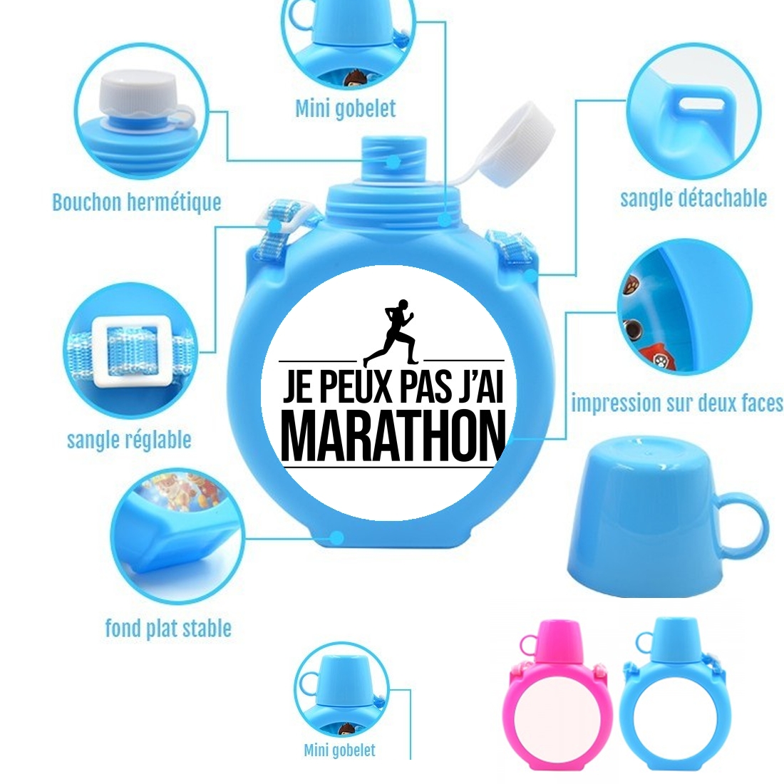  Je peux pas jai marathon para Botella infantil resistente a los golpes 730 ml en azul o rosa