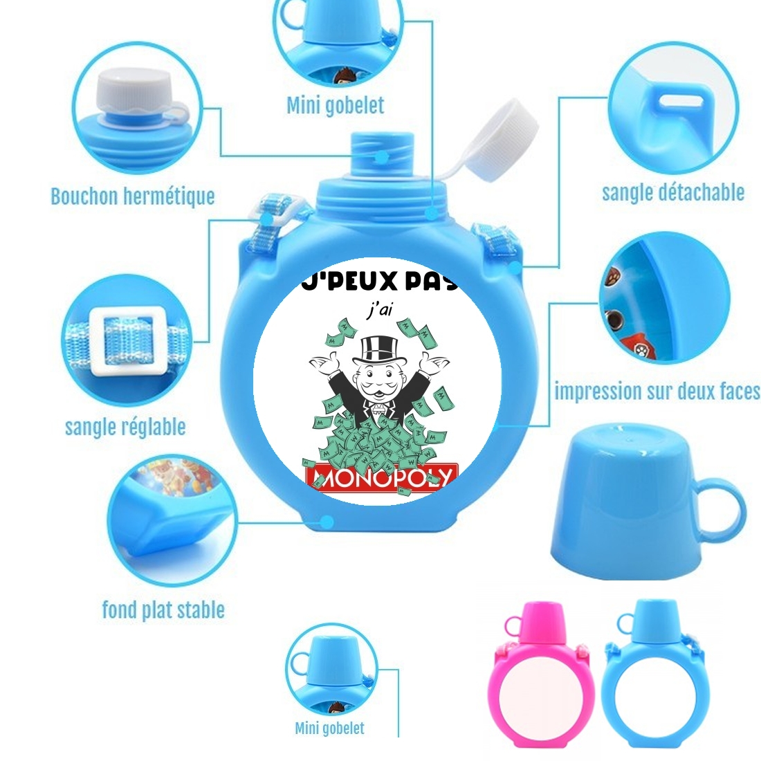  Je peux pas jai monopoly para Botella infantil resistente a los golpes 730 ml en azul o rosa