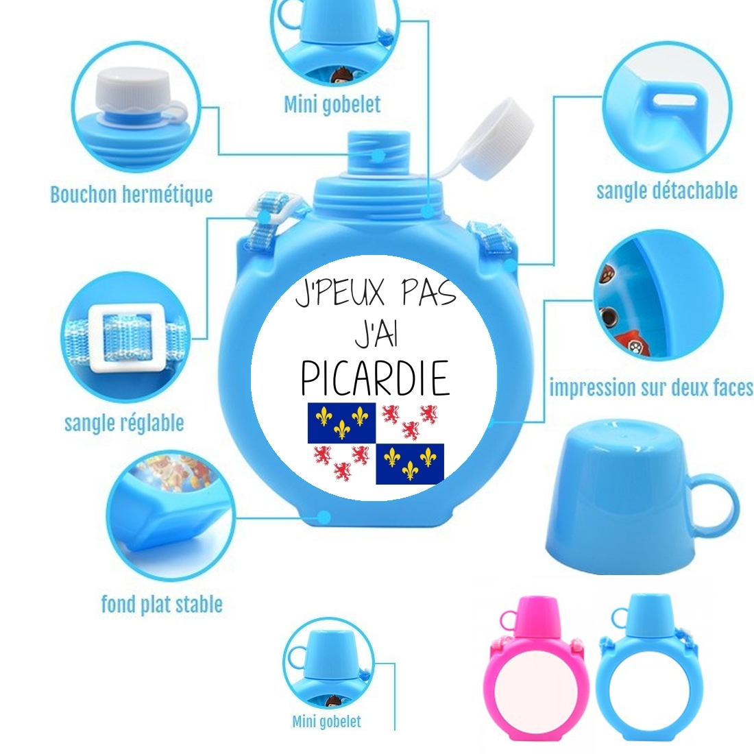  Je peux pas jai picardie para Botella infantil resistente a los golpes 730 ml en azul o rosa