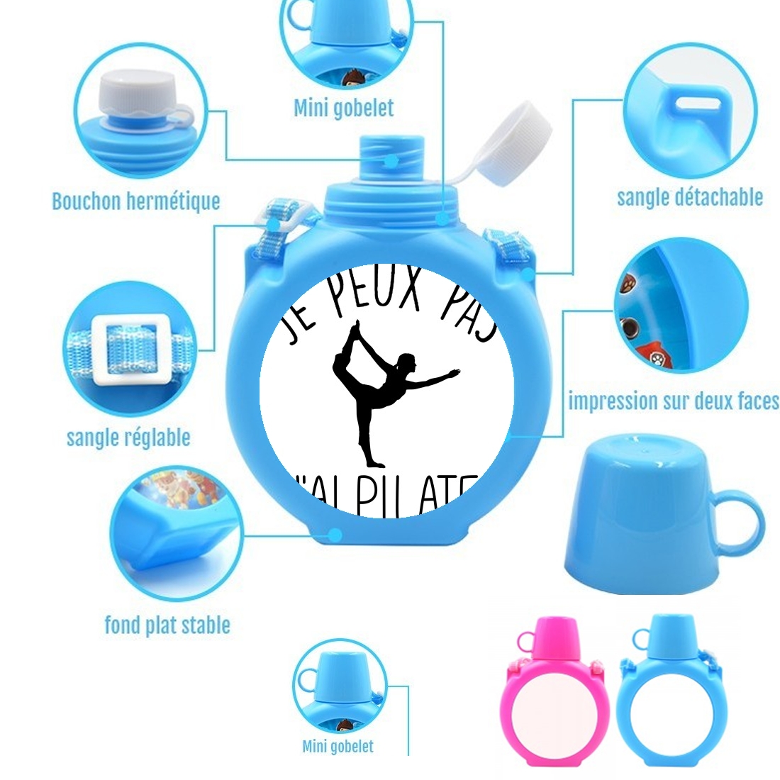  Je peux pas jai pilates para Botella infantil resistente a los golpes 730 ml en azul o rosa