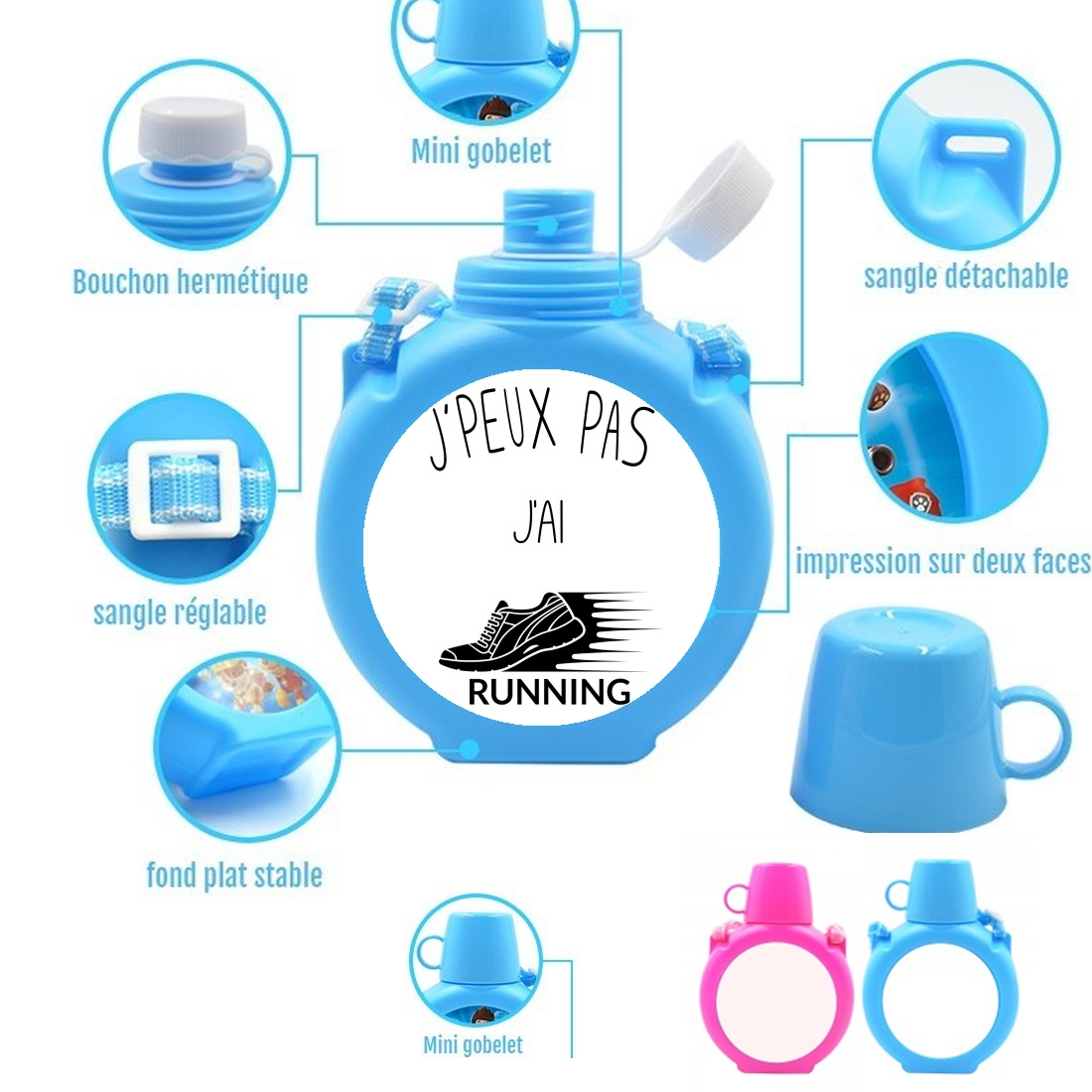  Je peux pas jai running para Botella infantil resistente a los golpes 730 ml en azul o rosa