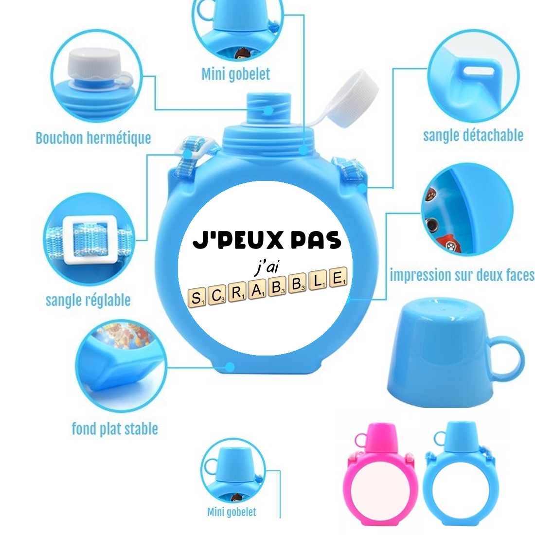  Je peux pas jai scrabble para Botella infantil resistente a los golpes 730 ml en azul o rosa