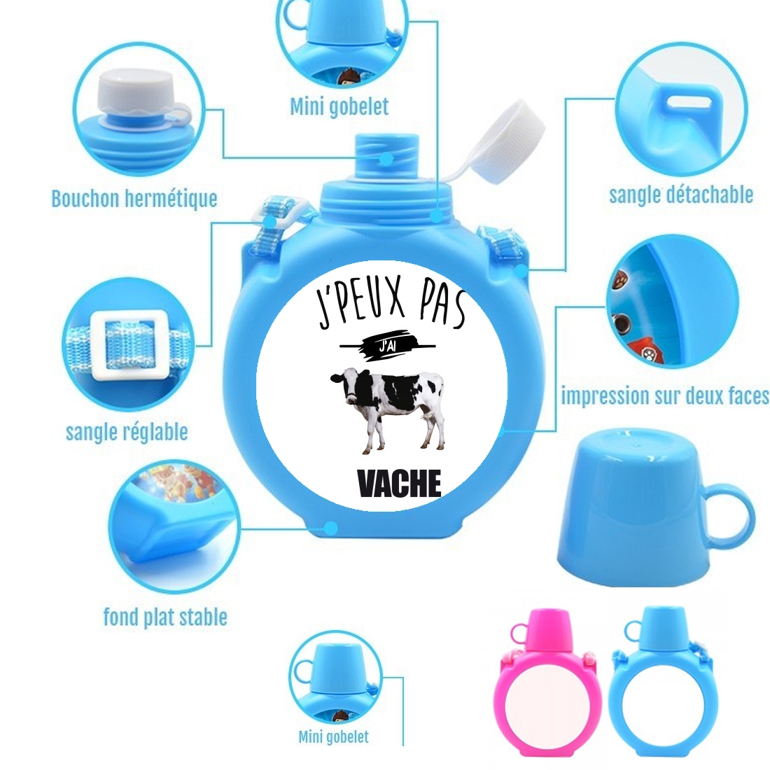  Je peux pas jai vache para Botella infantil resistente a los golpes 730 ml en azul o rosa