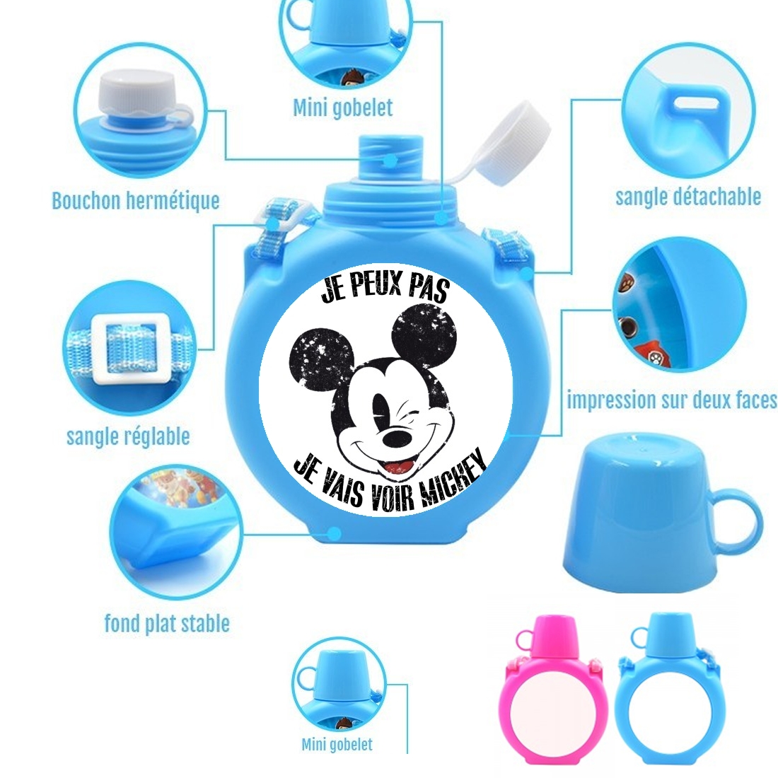  Je peux pas je vais voir mickey para Botella infantil resistente a los golpes 730 ml en azul o rosa