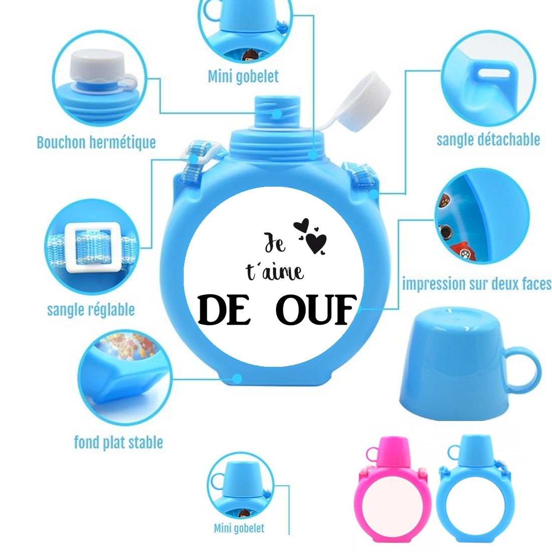  Je taime de ouf para Botella infantil resistente a los golpes 730 ml en azul o rosa