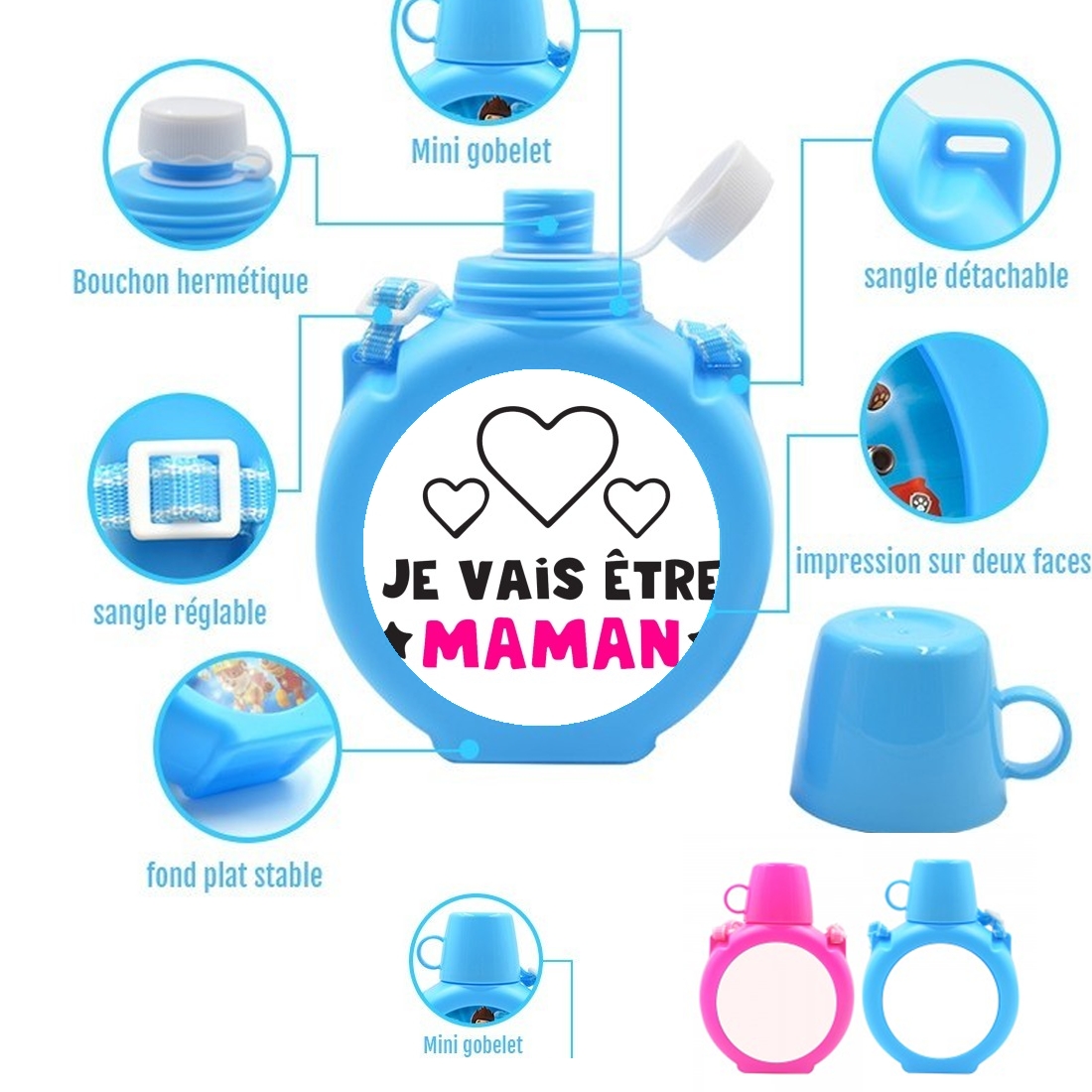  Je vais etre maman para Botella infantil resistente a los golpes 730 ml en azul o rosa