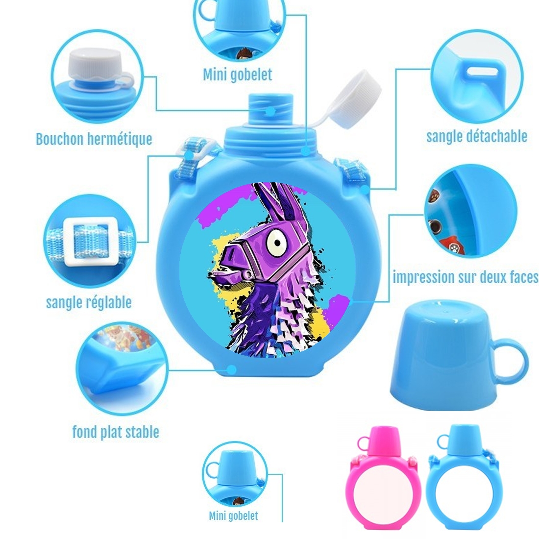  Lama Fortnite para Botella infantil resistente a los golpes 730 ml en azul o rosa