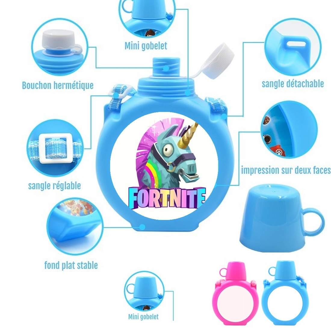   Videojuegos de Unicorn Fortnite para Botella infantil resistente a los golpes 730 ml en azul o rosa