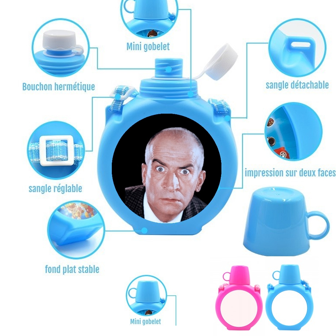  Louis de funes look you para Botella infantil resistente a los golpes 730 ml en azul o rosa