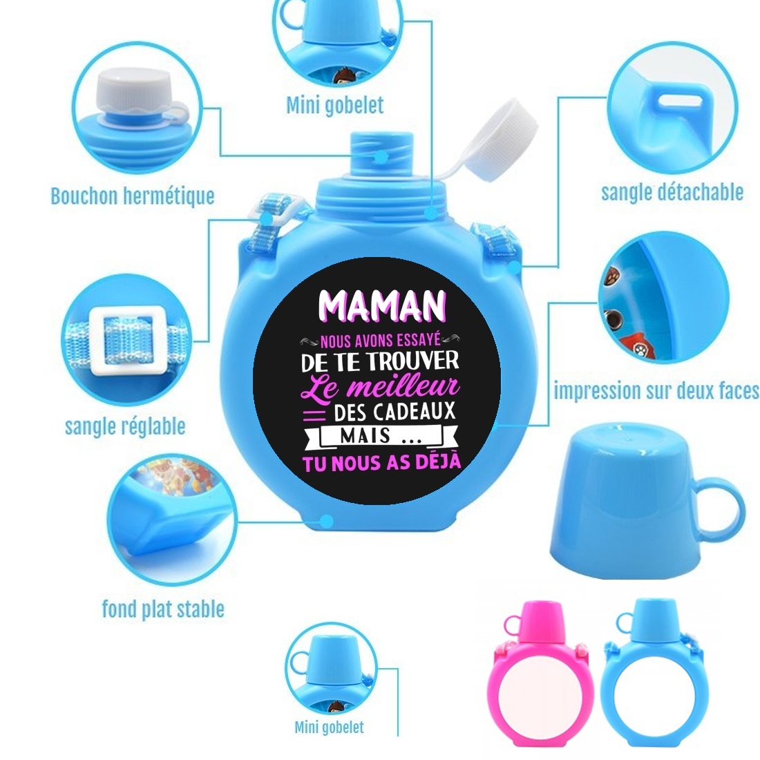  Maman nous avons essaye de trouver le meilleur des cadeaux mais tu nous as deja para Botella infantil resistente a los golpes 730 ml en azul o rosa