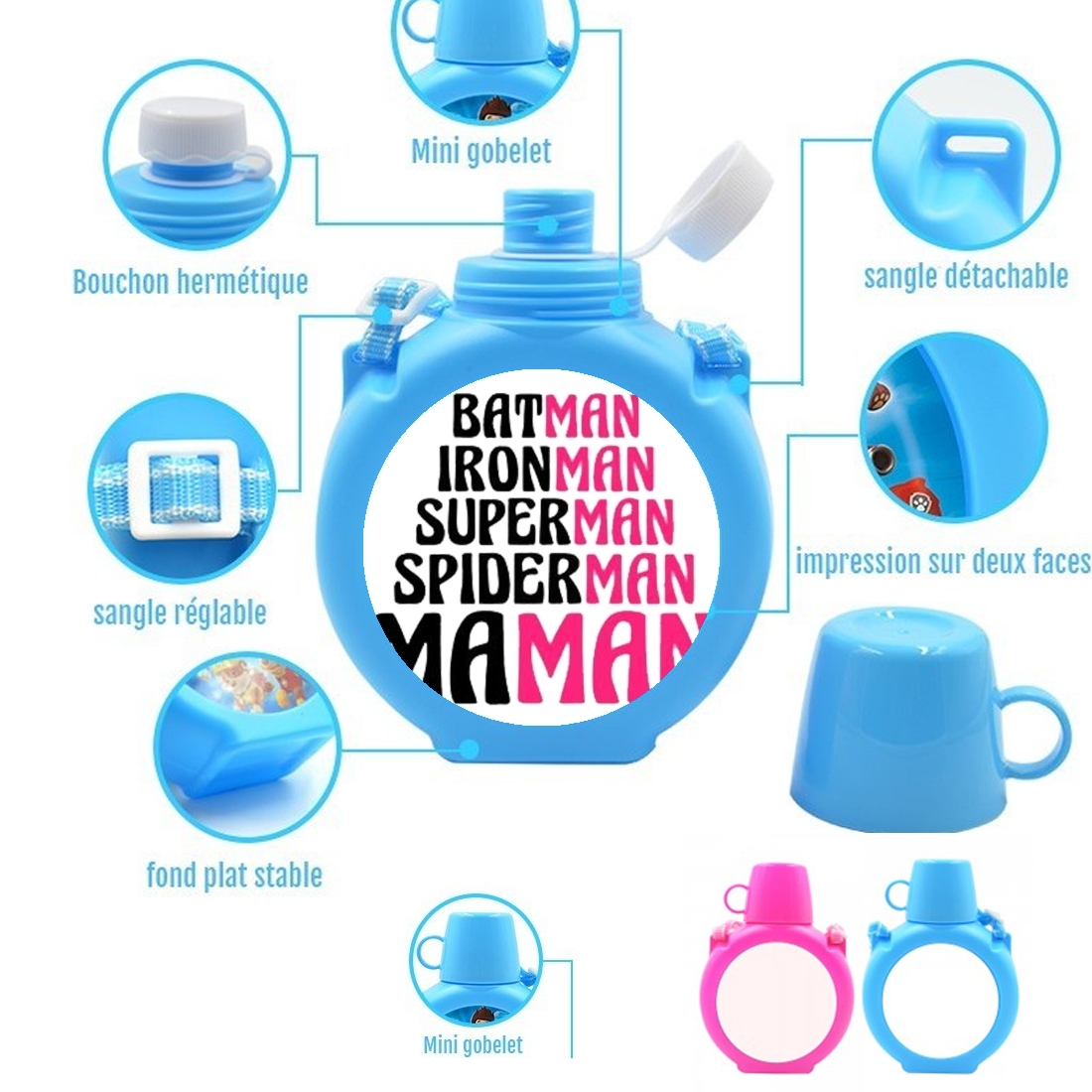  Maman Super heros para Botella infantil resistente a los golpes 730 ml en azul o rosa