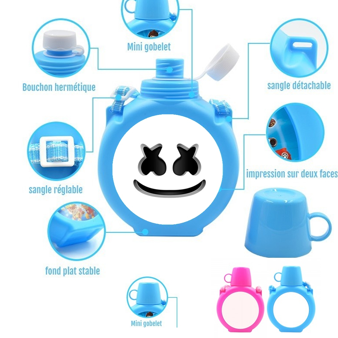  Marshmello Or MashMallow para Botella infantil resistente a los golpes 730 ml en azul o rosa