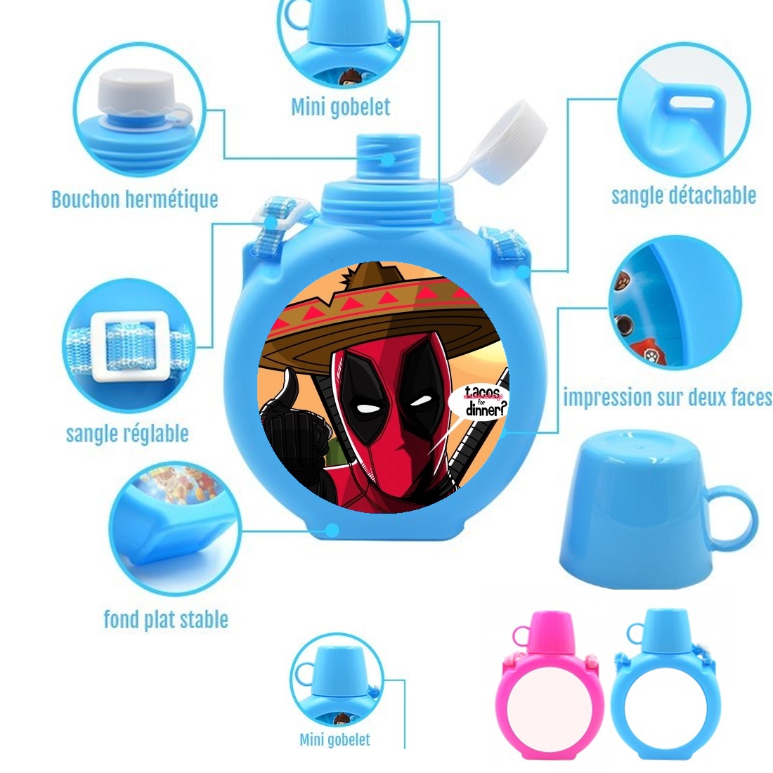  Mexican Deadpool para Botella infantil resistente a los golpes 730 ml en azul o rosa