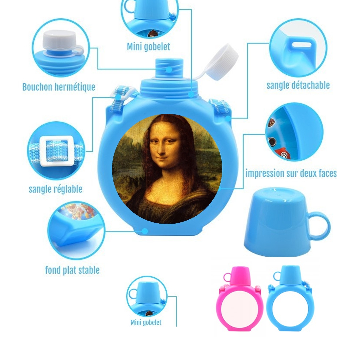  Mona Lisa para Botella infantil resistente a los golpes 730 ml en azul o rosa