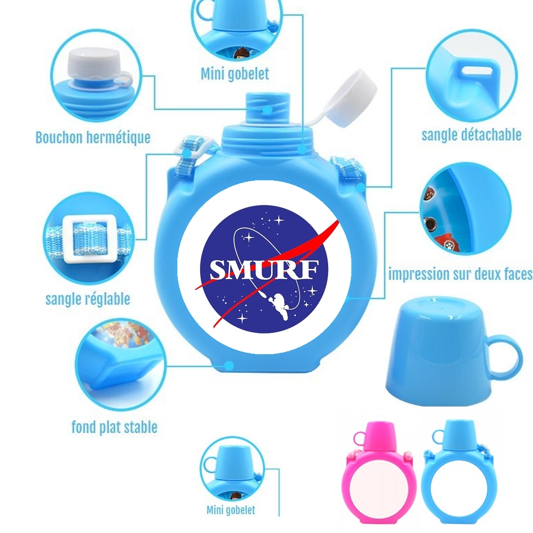  Nasa Joke Smurf para Botella infantil resistente a los golpes 730 ml en azul o rosa