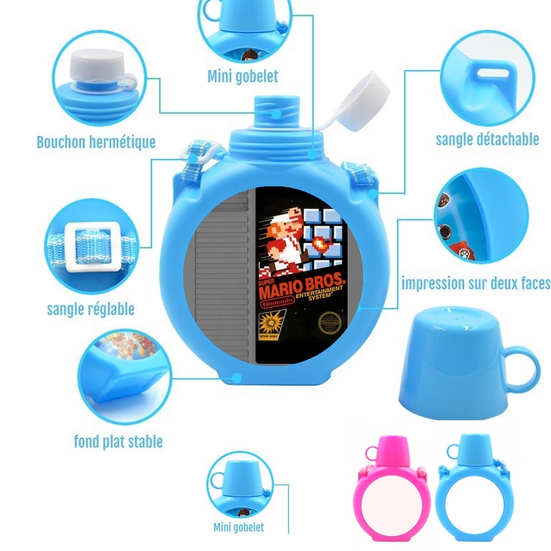  NES cartridge para Botella infantil resistente a los golpes 730 ml en azul o rosa