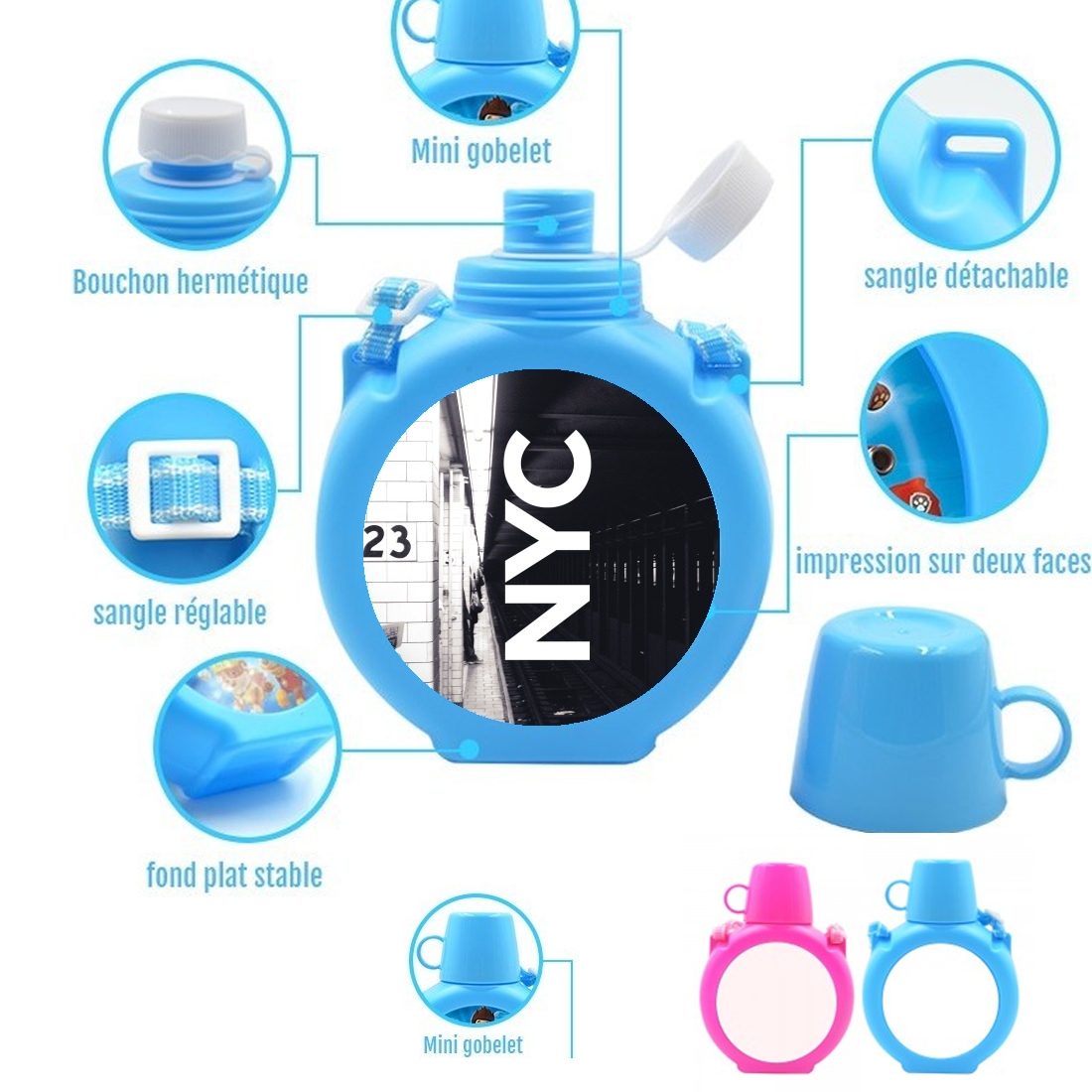  NYC Basic 1 para Botella infantil resistente a los golpes 730 ml en azul o rosa