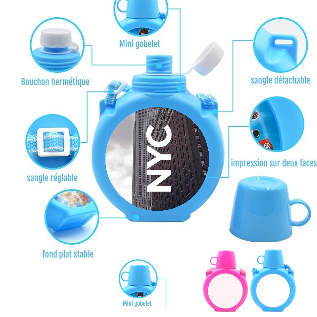  NYC Basic 8 para Botella infantil resistente a los golpes 730 ml en azul o rosa