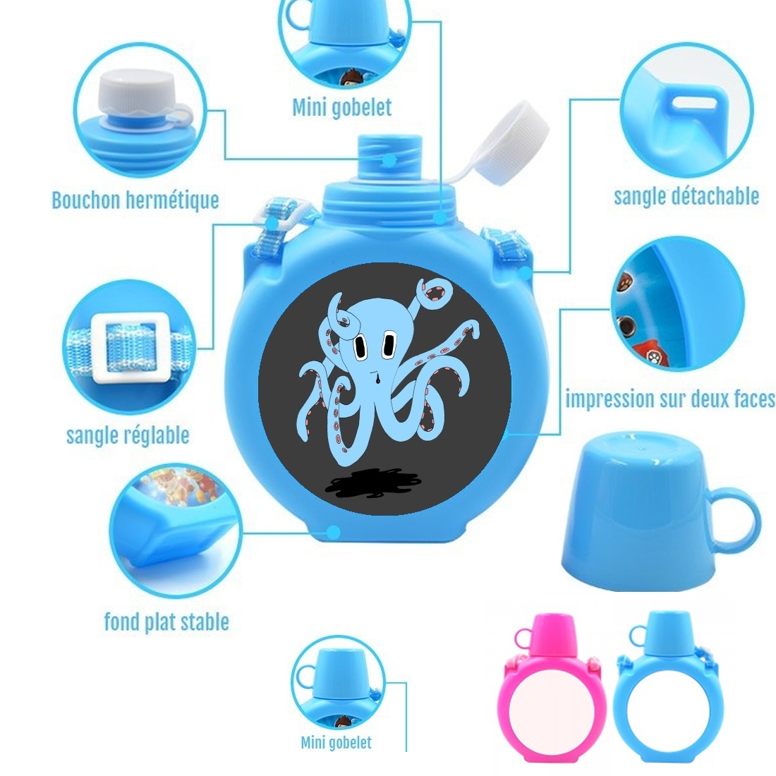  octopus Blue cartoon para Botella infantil resistente a los golpes 730 ml en azul o rosa