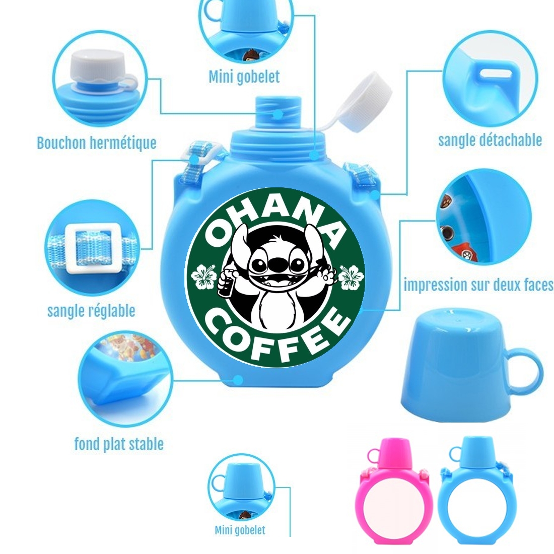  Ohana Coffee para Botella infantil resistente a los golpes 730 ml en azul o rosa