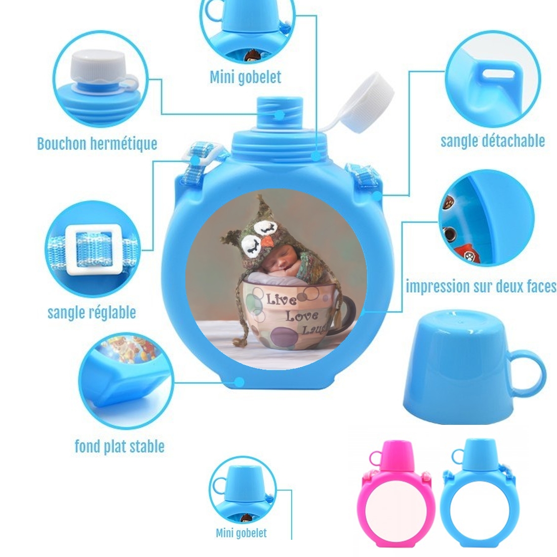  Painting Baby With Owl Cap in a Teacup para Botella infantil resistente a los golpes 730 ml en azul o rosa