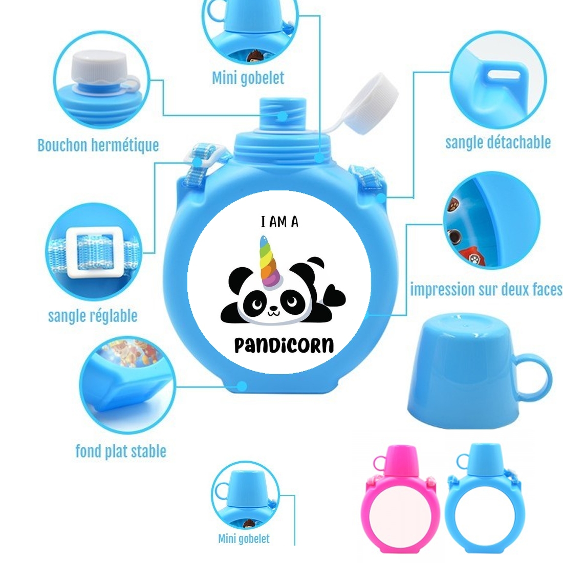  Panda x Licorne Means Pandicorn para Botella infantil resistente a los golpes 730 ml en azul o rosa