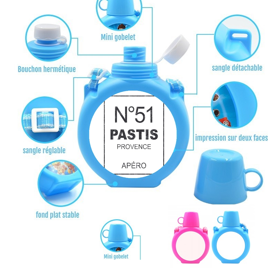  Pastis 51 Parfum Apero para Botella infantil resistente a los golpes 730 ml en azul o rosa