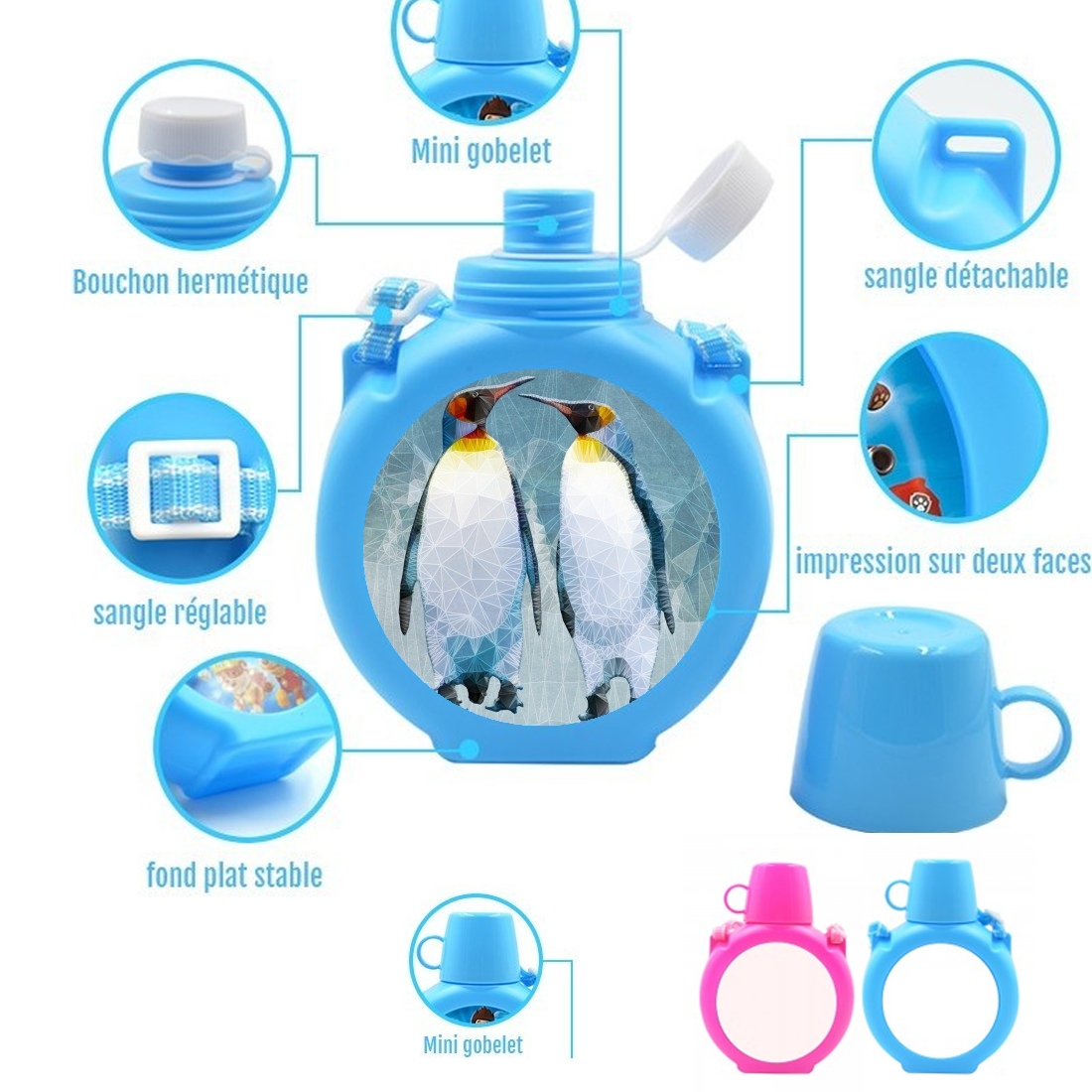  penguin love para Botella infantil resistente a los golpes 730 ml en azul o rosa