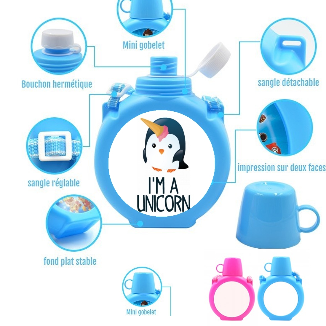  Pingouin wants to be unicorn para Botella infantil resistente a los golpes 730 ml en azul o rosa