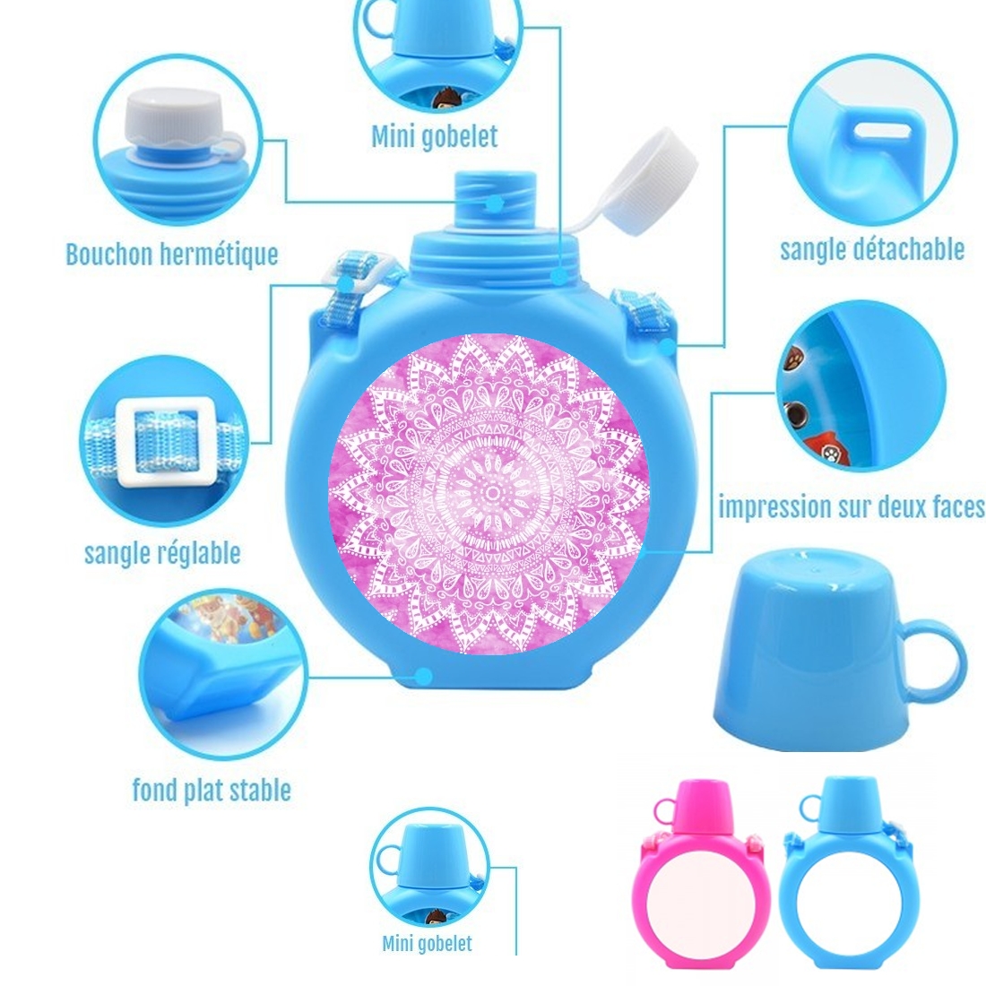  Pink Bohemian Boho Mandala para Botella infantil resistente a los golpes 730 ml en azul o rosa