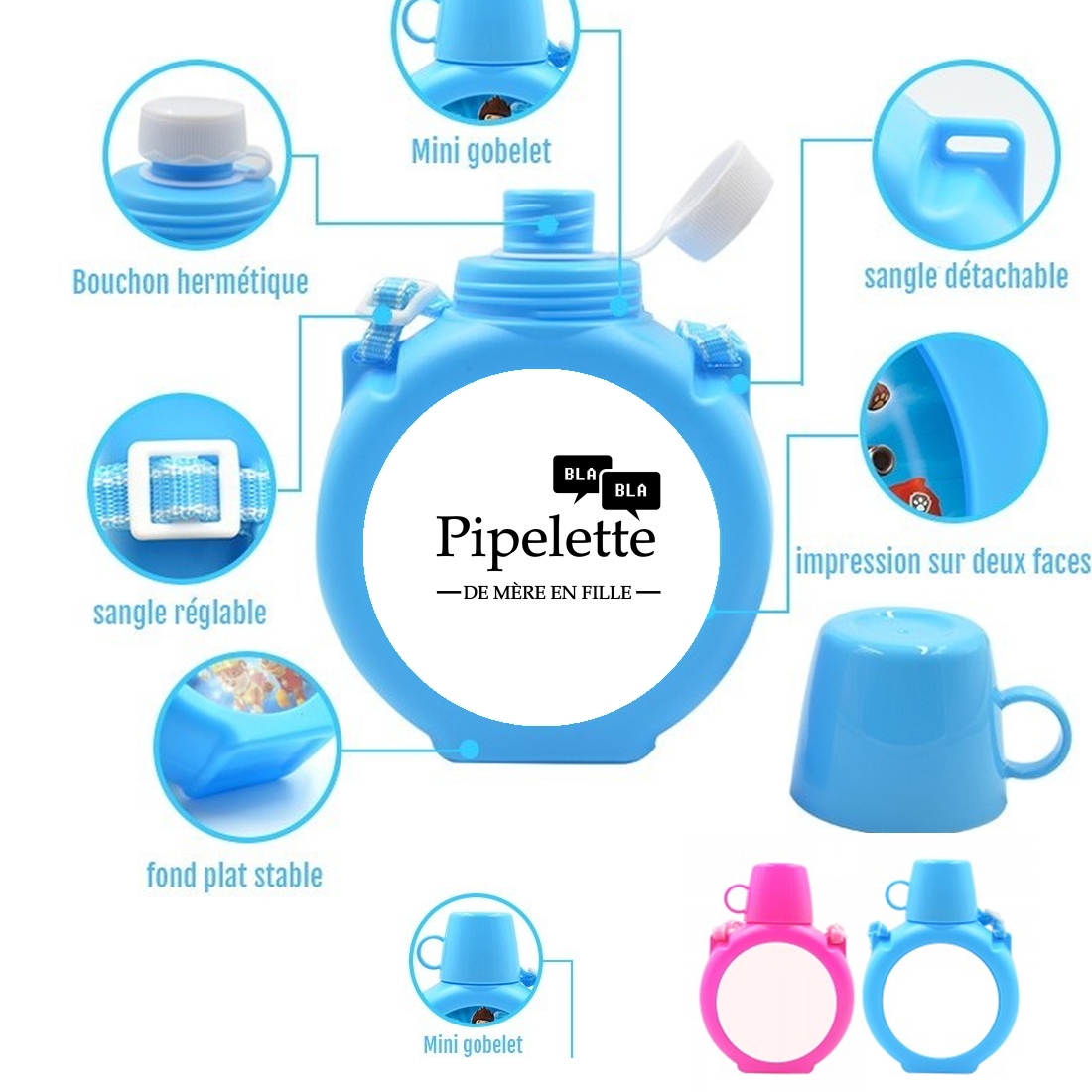  Pipelette de mere en fille para Botella infantil resistente a los golpes 730 ml en azul o rosa