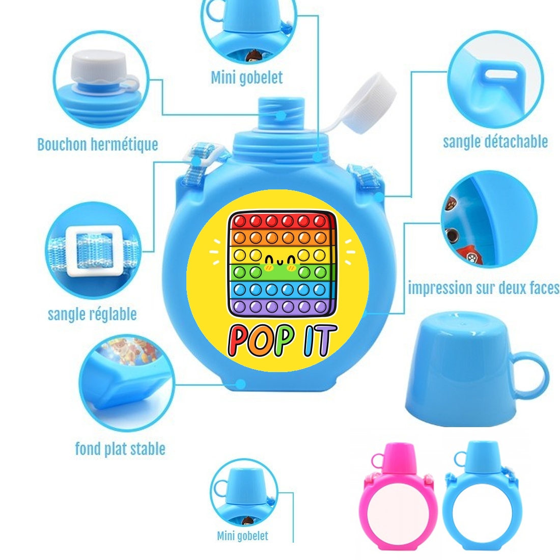  Pop It Funny cute para Botella infantil resistente a los golpes 730 ml en azul o rosa